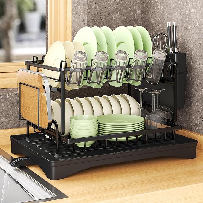 Dish Drying Rack - Carbon Steel Dish Rack for Kitchen Counter, 2-Tier Kitchen Organizers and Storage Rack with Drainboard and Cutlery Holder, Large