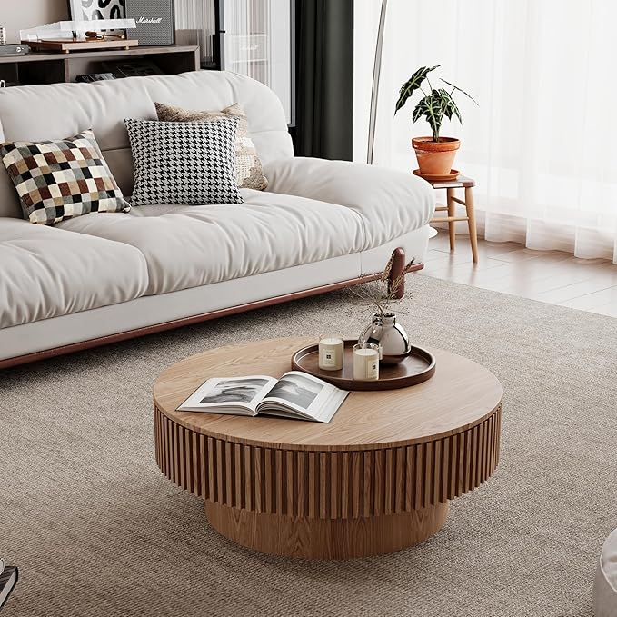 31.5'' Round Wood Coffee Table with Storage for Living Room Modern Fluted Coffee Table with Pedestal Circle Center Tables Accent Tea Table for Apartment, Natural Wood Oak