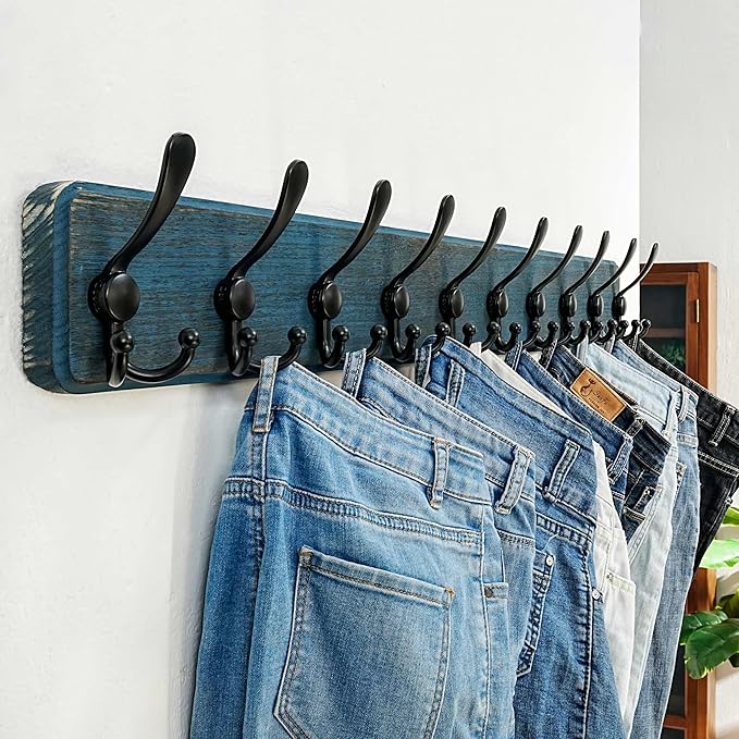 Dseap Coat Rack Wall Mount - 38-1/4" Long, Heavy-Duty, 10-tri-Hooks, Barnwood-Style Wooden Wall Coat Hanger Hook Rail for Winter Coats Hat Jacket Clothing, Weathered Blue & Black, Pack of 2
