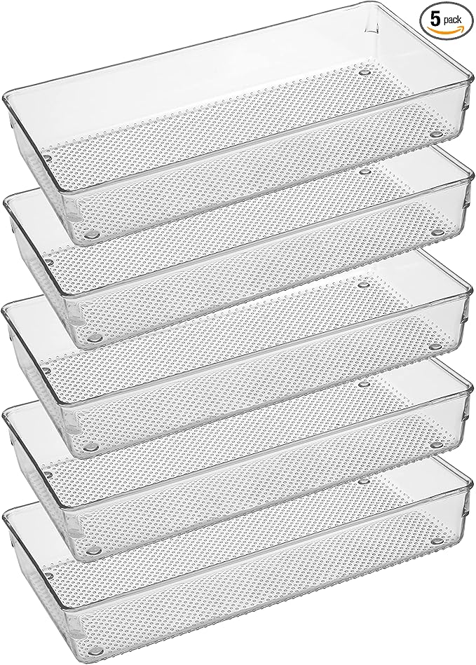 ihomecooker 5 Pack Clear Plastic Drawer Organizer Tray Cutlery Utensil Makeups Drawer Silverware Organizers 12" X 6"-NeatNest