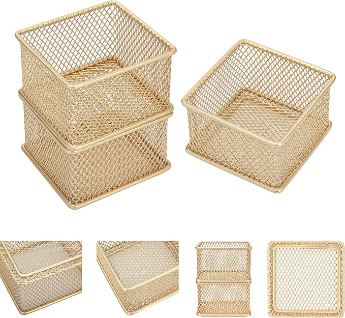 Annova Stackable Mesh Drawer Cabinet and Shelf Organizer Bins Storage Basket School Office Supply Holder Tray- Set of 2 (Gold, 3x3x2 Inch)-NeatNest