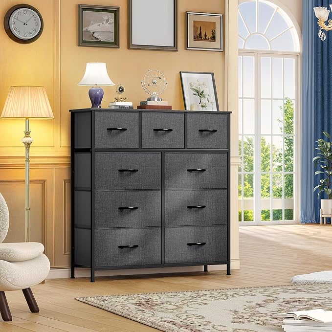 DWVO 9 Drawers Dresser for Bedroom, Fabric Storage Tower for Living Room, Entryway - Sturdy Steel Frame, Wooden Top & Easy Pull Fabric Bins-NeatNest