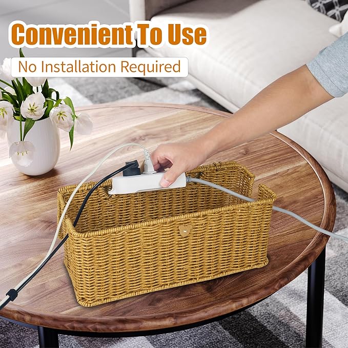 Cable Management Box, Upgrade Large Cable Organizer Box, Handmade Rattan Floor Cord Covers with 4 Open Slots, Cord Hider for Power Strips, Wires Storage