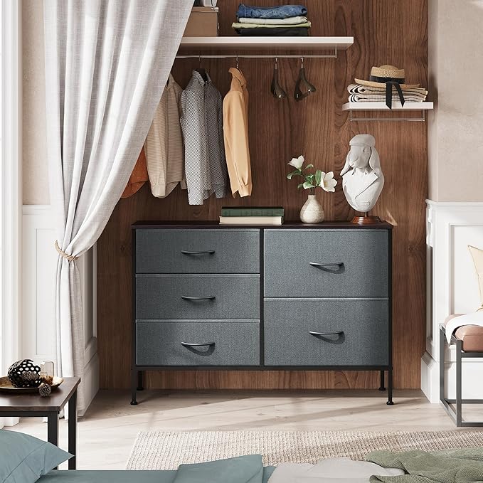 WLIVE Dresser for Bedroom with 5 Drawers, Wide Bedroom Dresser with Drawer Organizers, Chest of Drawers, Fabric Dresser for Living Room, Closet, Hallway, Dark Grey-NeatNest