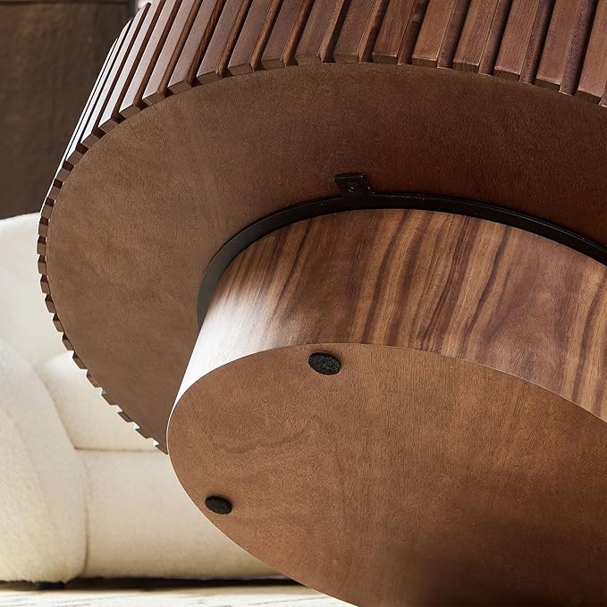 Coffee Table Stone Round 35.43'' for Living Room Modern Coffee Tables Wood Circle Drum Tea Fluted Solid Wooden Veneer Sintered Tabletop Handcraft Home Furniture for Apartment Easy Assembly Walnut-NeatNest