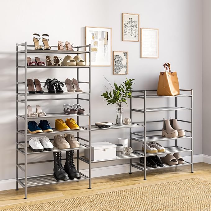 Seville Classics Sturdy Freestanding Storage Shelf for Bedroom, Closet, Entryway, Dorm Room Organizer Stackable Durable Metal Shoe Rack Silver Mist Slat, 3-Tier-NeatNest