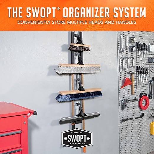 SWOPT Garage Kit — Includes 48” and 60” Wooden Handles, Smooth Surface Push Broom, Multi-Surface Push Broom, Angle Broom, Deck Brush, Floor Squeegee, and Organizer — Covers All Outdoor Cleaning Needs