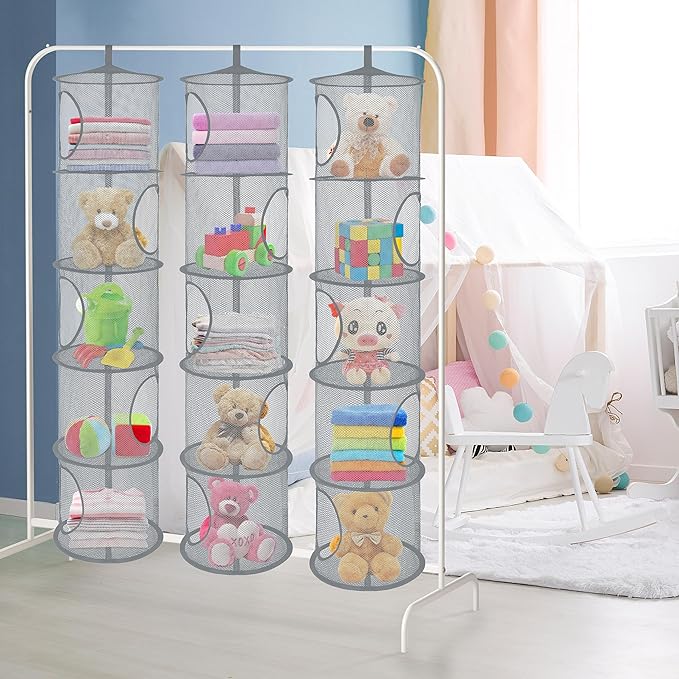 3Pcs Stuffed Animal Storage Foldable Stuffed Animal Net or Hammock Organizer, 5 Compartments Hanging Mesh Toy Storage Hammock for Kid Room Toys, Gloves, Hats, Socks(Grey)-NeatNest