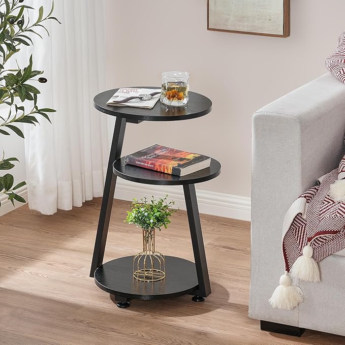 BEWISHOME Round End Table Side Table with Metal Frame, Accent Nightstand Bedside Table with 3-Tier Shelves, Small Couch Table for Living Room Bedroom Black KTZ41B-NeatNest