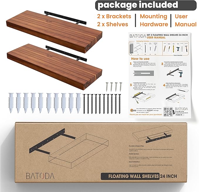 BATODA Set of 2 24" Acacia Wood Floating Shelves Wall Mounted – Rustic Farmhouse Wooden Wall Storage Shelf for Bedroom, Kitchen, Home Décor - Brackets and Shelving Hardware Included-NeatNest