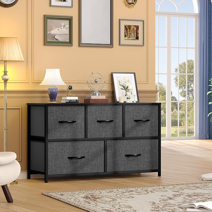 DWVO Dresser with 5 Drawers - Fabric Storage Tower, Black Dresser & Chest of Drawers, Organizer Unit for Bedroom-NeatNest