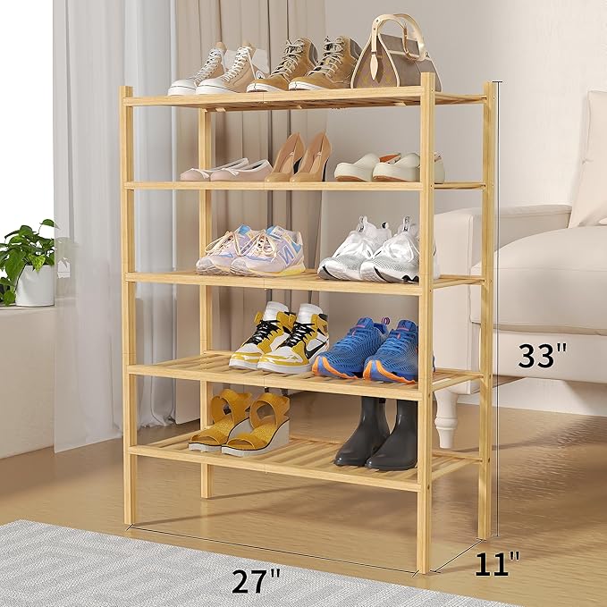 5 Tier Bamboo Shoe Rack for Closet Free Standing Wood Shoe Shelf for Entryway Small Space Stackable 27"x11"x33" (Natural)-NeatNest