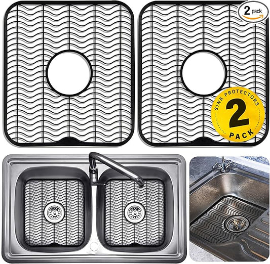 DecorRack 2 Sink Protectors for Kitchen Sink, Plastic 12" x 11" Dish Rack, Protect Sink from Stains, Damage, Scratches, Dishwasher Safe Grid Mat for Kitchen (2 Pack, Black)-NeatNest