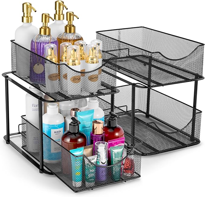 Sorbus 2 Sets of 2 Tier Metal Under Sink Organizer for Bathroom, Kitchen, Strong Steel Mesh Sliding Drawers for Under Sink, Under Cabinet, Closet, Kitchen, Pantry, Bathroom Organizers and Storage-NeatNest