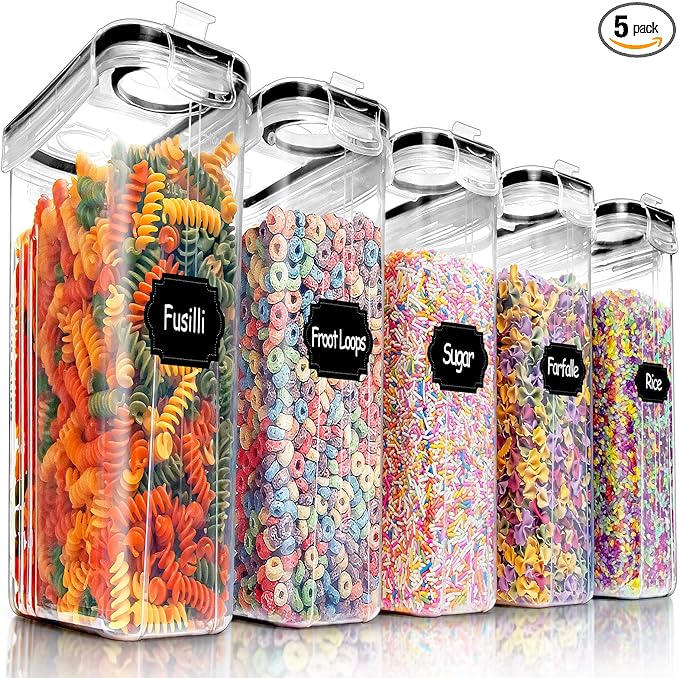 PRAKI 5PCS Cereal Containers Storage Set, BPA Free Airtight Food Storage Container Set with Lids, Kitchen Pantry Organization and Storage for Sugar, Baking Supplies with 20 Labels & Mark(4L Black)-NeatNest