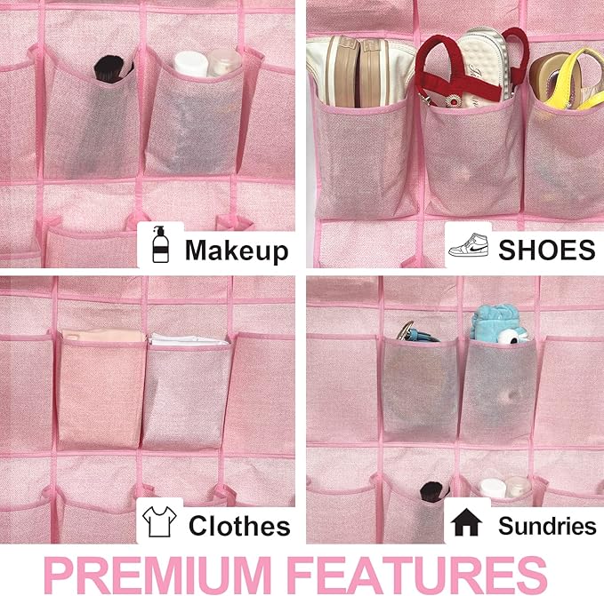 Pink Shoe Organizer Over the Door for Girls Women Kids Room,Hanging Shoe Rack Organizer for Closet Door,Zapateras Storage Holder with 24 Large Pockets & 4 Sturdy Hooks for Shoes,Slippers-NeatNest
