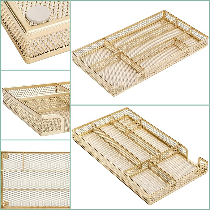 Annova Desk Drawer Organizer Tray for Office Organization - Metal Mesh - Storage Tray with Dividers for Pens, Desktop Accessories, Bathroom, Kitchen, Makeup and Office Supplies (Small, Gold)-NeatNest