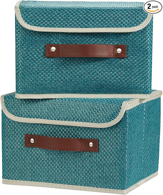 2PCS Storage Bins with Lid Fabric Storage Box Basket PU Leather Handle Textured Woven Cotton Linen Decorative Foldable Washable Shelf Closet Organizer Container (Flip-top Lid, Blue, Small)-NeatNest