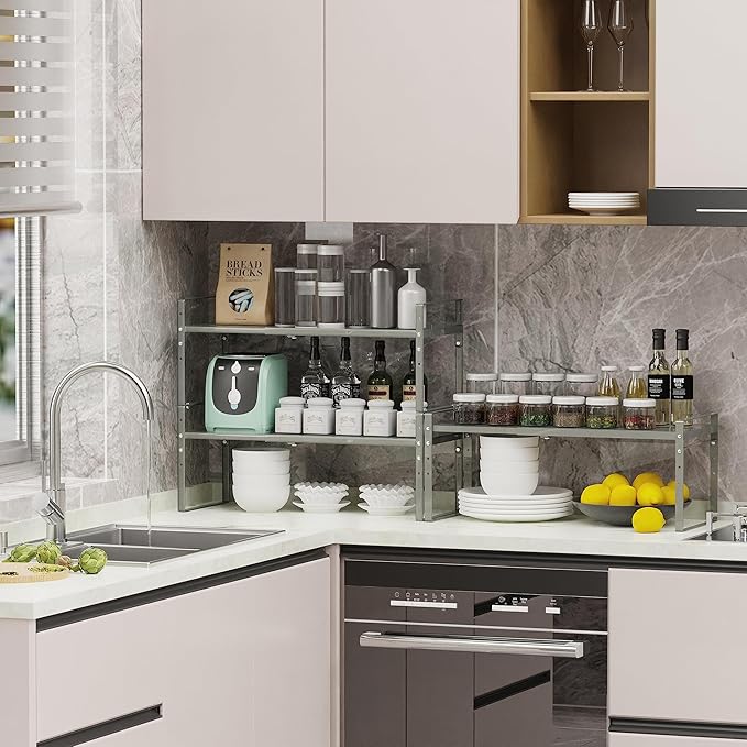 Expandable Stackable Spice Rack Cabinet Shelf Organizer in Cabinets Shelves Kitchen Cupboard Organization Stack up Racks Pantry Countertop Storage (Gray, Large 2 Packs)