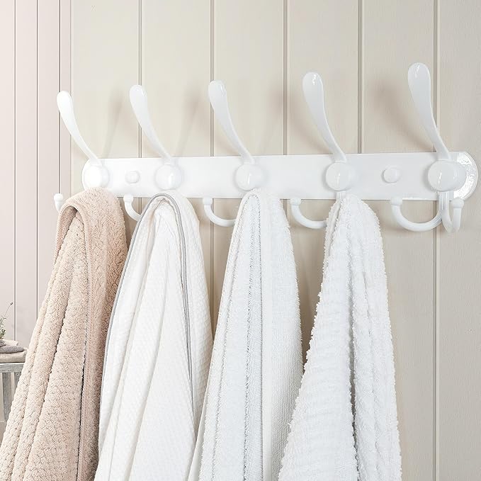 Dseap Wall Mounted Coat Rack - 5 Tri Hooks, Heavy Duty, Stainless Steel, Metal Coat Hook Rail for Coat Hat Towel Purse Robes Mudroom Bathroom Entryway (White, 2 Packs)-NeatNest