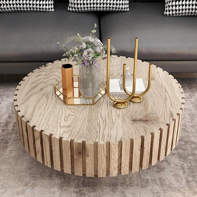 kevinplus 31.4'' Round Circle Coffee Table Modern Wood Coffee Table for Living Room, Contemporary Minimalist Fluted Drum Pedestal Style, Easy Assembly, Wood