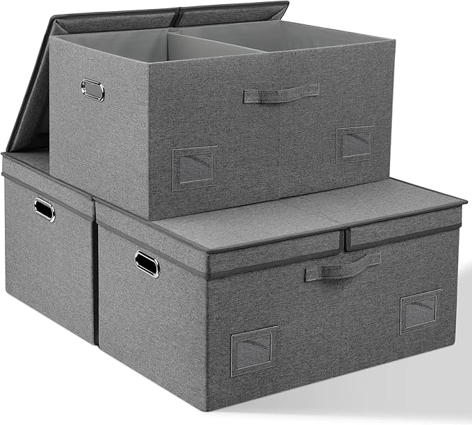 75 Quarts Extra Large Decorative Storage Bins with Lids, 3 Packs Gray Collapsible Storage Bins with Lids, Stackable Storage Bins Decorative Box Storage With Lid Extra Large-NeatNest
