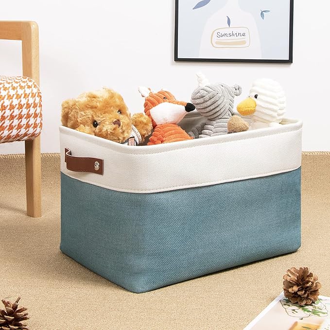 DULLEMELO Fabric Storage Basket for Shelves/Closets, Collapsible Rectangle Basket for Organizing Clothes, Toys, Towels, Books, Laundry, Nursery, Dog Toy Basket Empty (White&Teal)-NeatNest