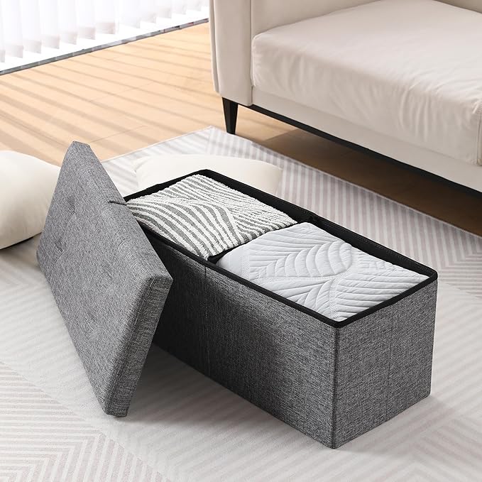 CUYOCA Storage Ottoman Bench Foldable Seat Footrest Shoe Bench End of Bed Storage with Flipping Lid, 75L Storage Space, 30 inches Linen Fabric Dark Grey-NeatNest