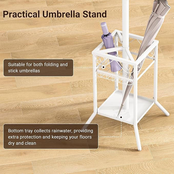 ELYKEN Coat Rack Freestanding with Umbrella Holder, Coat Tree with 12 Hooks, Coat Hanger Stand for Entryway, Metal Coat Rack Hat Rack Stand for Living Room Bedroom Office, White-NeatNest