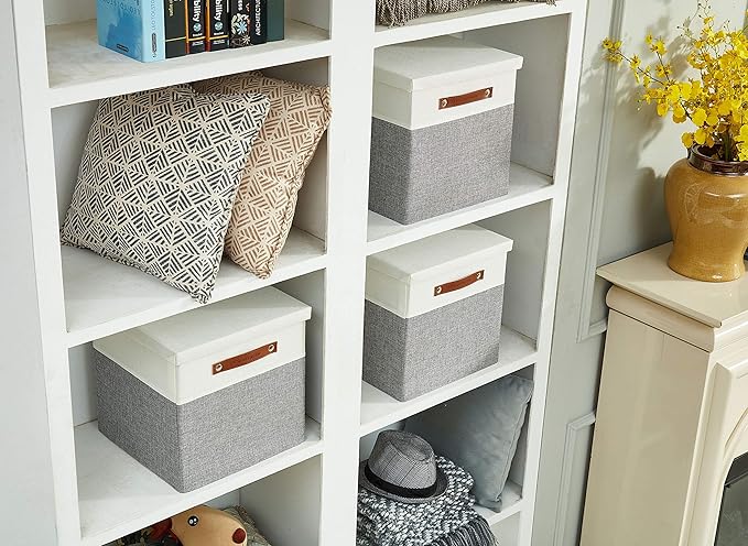 DECOMOMO Storage Basket with Lid, Storage Cubes with Handles, Fabric Box with Lid (Grey and White, 11” / 3 Pack)-NeatNest