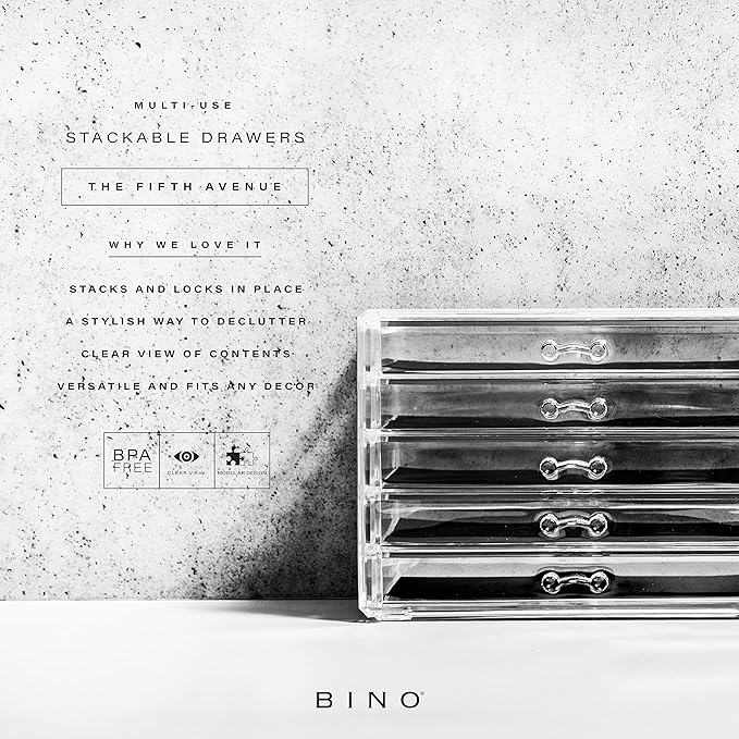 BINO THE MANHATTAN SERIES Acrylic Makeup Drawer Organizer- 5 Drawers | Clear Beauty Organizers and Storage| Cosmetic & Makeup Drawer| Home Organization| Jewelry & Vanity Accessories Drawers-NeatNest