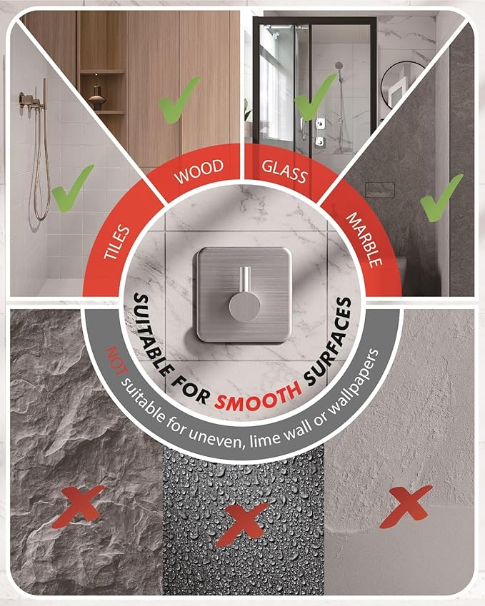 Adhesive Hooks Heavy Duty 30lb(Max) Wall Hooks, 5 Pack Damage Free Stainless Steel Hanger for Hanging Coat, Hat, Towel Robe, Waterproof Oilproof Rustproof Hook for Bathroom Shower Kitchen Office