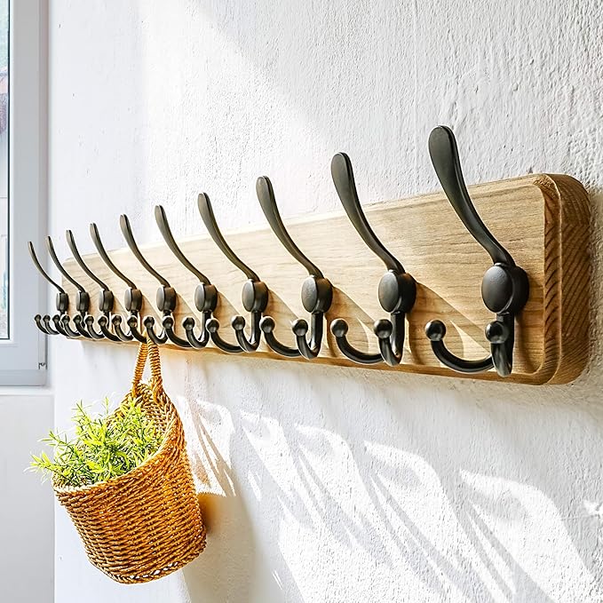 Dseap Coat Rack Wall Mount - 38-1/4" Long, Heavy-Duty, 10-tri-Hooks, Barnwood-Style Wooden Wall Coat Hanger Hook Rail for Winter Coats Hat Jacket Clothing, Weathered Brown & Black, Pack of 2
