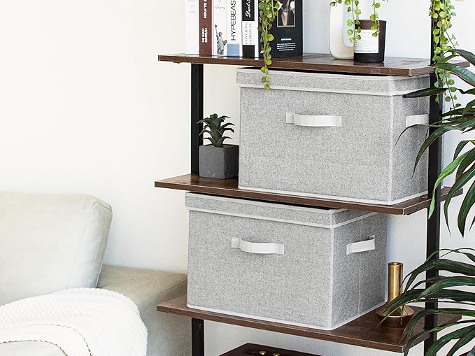 StorageWorks Fabric Storage Bins with Lid, Decorative Storage Boxes for Shelves, Stackable Closet Organizer Basket with Handles, Jumbo, Gray, 2-Pack-NeatNest