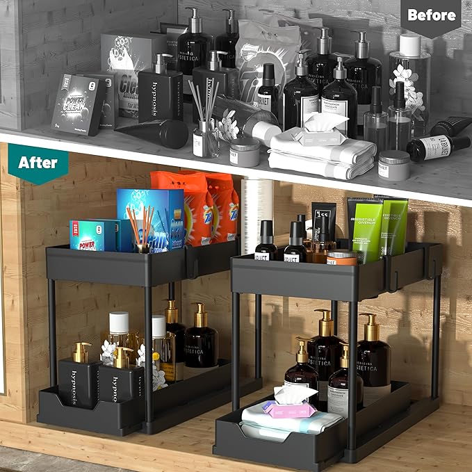 2 Pack Under Sink Organizer, 2 Tier Bathroom Cabinet Organizer with Sliding Basket, Multi-Purpose Under Sink Organizers and Storage for Bathroom Kitchen (Black 2 Pack)-NeatNest