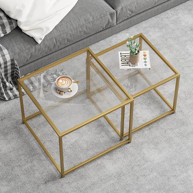 Glass Coffee Table Gold,Nesting Tables Set of 2, Minimalist Coffee Side End Tables for Small Spaces, Sofa Side Tea Coffee Table with Metal Frame for Home, Office, Space-Saving