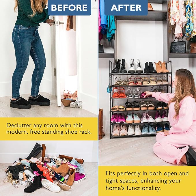 Sundaze Shoe Rack - 6 Tier Shoe Rack for Front Door Entrance, Sturdy Tall Shoe Organizer for Closet, Bedroom, Entryway, Garage, Non Woven Fabric Shelf, Black, Holds Up to 30 Pairs-NeatNest