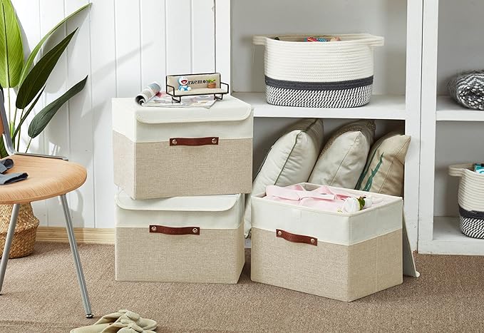 DECOMOMO Fabric Storage Bins with Lid, Storage Baskets for Shelves Toy Box (Beige and White, 3 Pack)-NeatNest