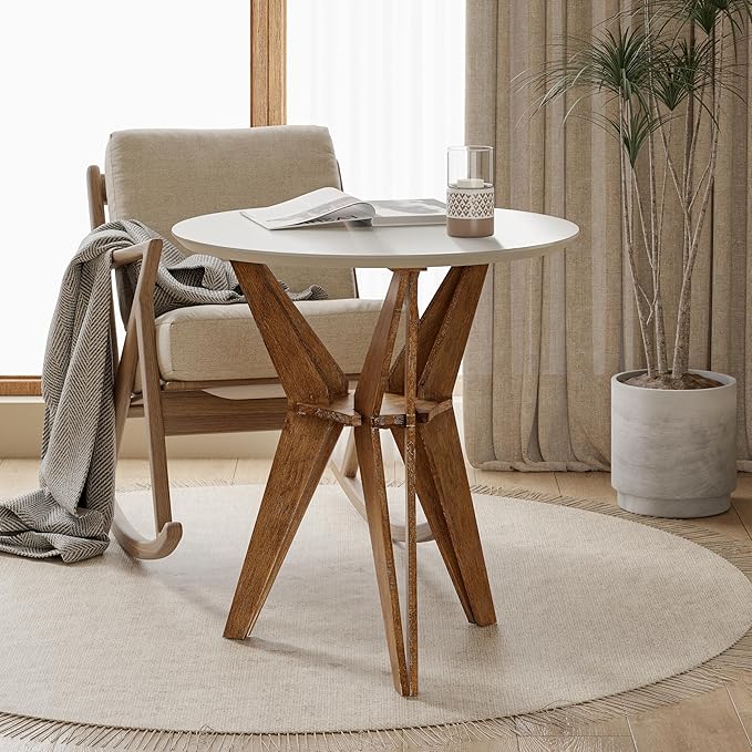 Farmhouse End Table Distressed Wood Side Table with Crisscross Legs and X Legs, Accent Table with White Top and Tripod Base for Living Room, Office, Boho Decor, Modern Rustic, Nature, Round