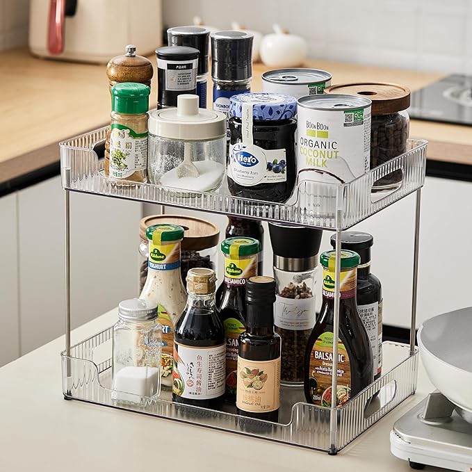 2-Tier Bathroom Counter Organizer, Multi-Purpose Cosmetics Skincare Shelf, Fits A4 Size Makeup Organizer for Office and Vanity Tray, Countertop Storage Solution for Kitchen,Bath.(Clear)-NeatNest