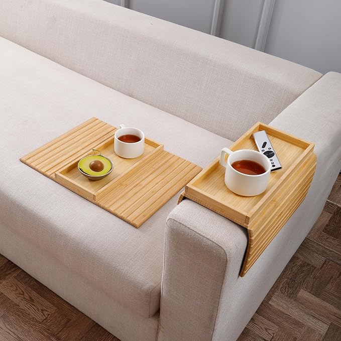 DETOR Couch Arm Tray, Foldable Sofa TV Tray with Capacious 12.4" x 5.4" Storage Box, Natural Bamboo Finish, Enhanced Nonslip Felt Bottom, Sturdy Bamboo Slats Material | for Armrests 6" and Wider-NeatNest