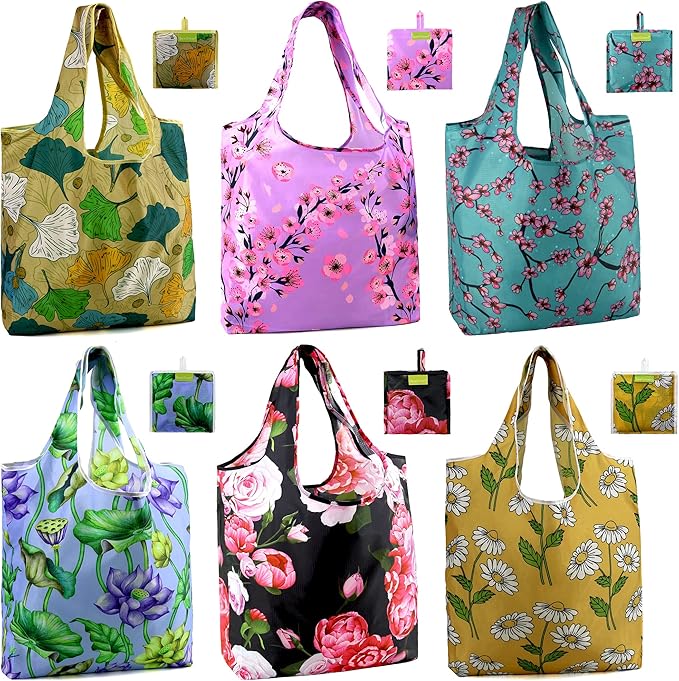 BeeGreen Floral Foldable Grocery Reusable Bags Large Shopping Tote for Groceries Cute Cloth Bags With Handles Gift Bag Groceries Tote -bag Bulk Polyester Heavy Duty Holiday-NeatNest
