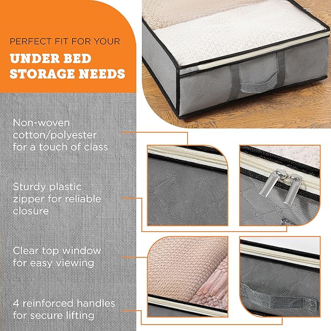 storageLAB Under Bed Storage Containers - Foldable Closet Organizer with Clear Top, Sturdy Handles - 7L Capacity Storage Box for Clothing, Comforter, Blanket, and Shoe - 2 Pack, Soft-Sided, Gray-NeatNest