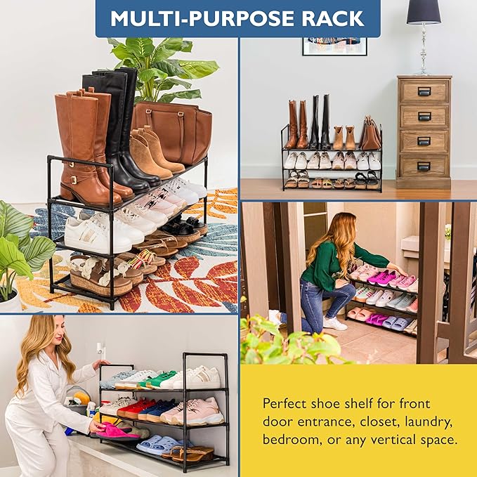 Sundaze Shoe Rack - 3 Tier Shoe Rack for Front Door Entrance, Sturdy Long Shoe Organizer for Closet, Bedroom, Entryway, Garage, Non Woven Fabric Shelf, Black, Holds Up to 15 Pairs-NeatNest