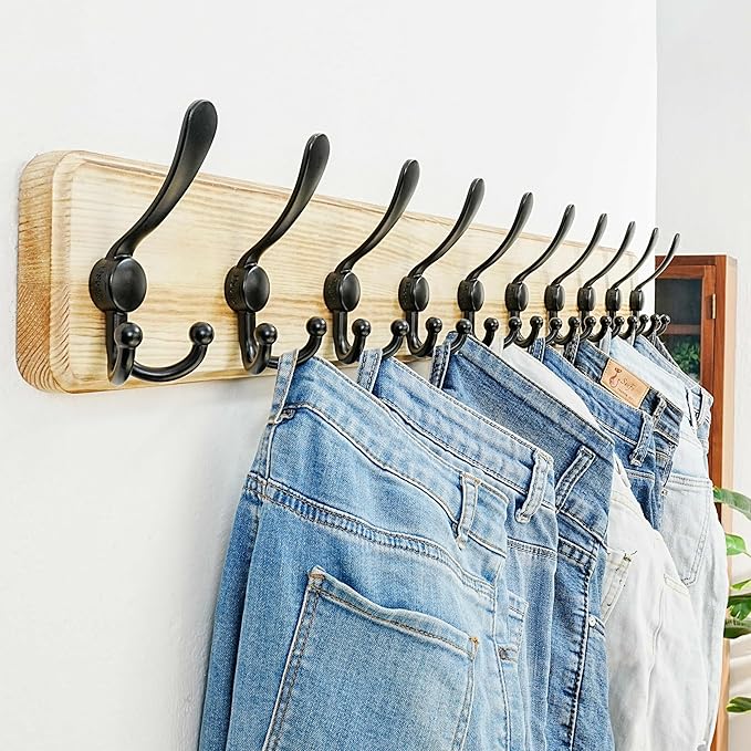 Dseap Coat Rack Wall Mount - 38-1/4" Long, Heavy-Duty, 10-tri-Hooks, Rustic Wooden Wall Coat Hanger Hook Rail for Winter Coats Hat Jacket Clothing, Light Brown & Black, Pack of 2