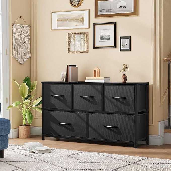 DWVO Dresser with 5 Drawers - Fabric Storage Tower, Organizer Unit for Bedroom, Living Room, Closets - Sturdy Steel Frame, Wooden Top (Black)-NeatNest