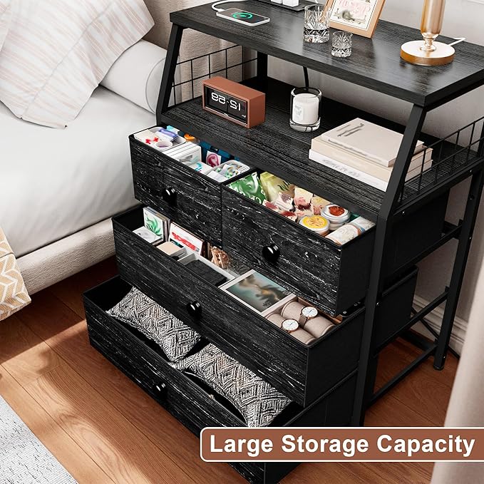EnHomee Nightstand Set of 2, Night Stand with Charging Station & LED Lights, Bedside Table with 4 Fabric Drawers for Bedroom, Side Table with Outlets and 2 Ports, Black