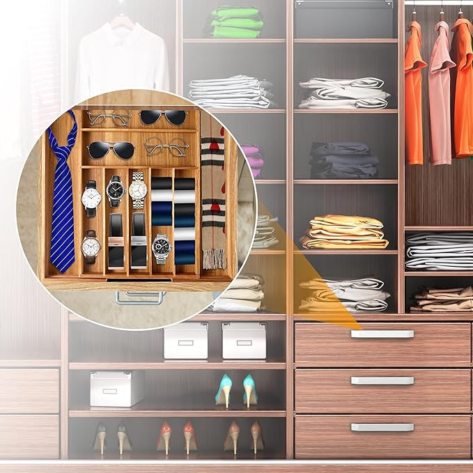 Bellsal Large Premium Acacia Wood Silverware Organizer - Expandable Utensil Drawer Organizer - 17"x19.6" Utensil Holder and Cutlery Tray with Grooved for Kitchen Flatware Utensils(7-9 Slot, Acacia)-NeatNest