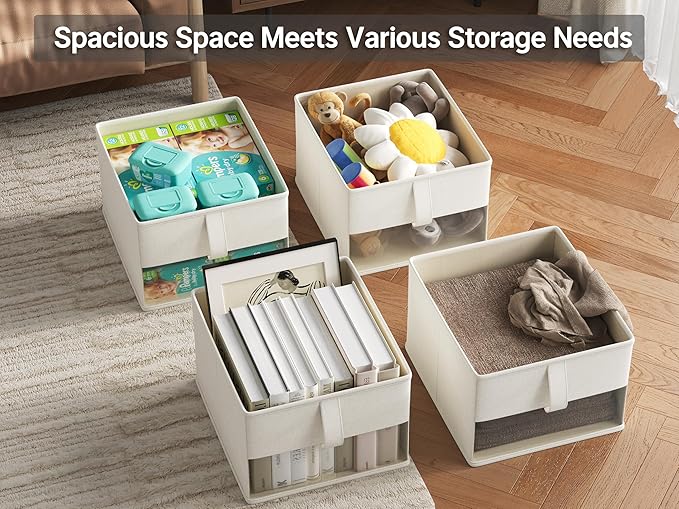 Vailando Foldable Storage Bins with Clear Window, Fabric Organizer for Closet, Shelves & Cubes - Breathable, Odor-Free Storage Boxes for Towels, Clothes, Toys, Books - 14.75"x10.25"x8", White, 3-Pack-NeatNest