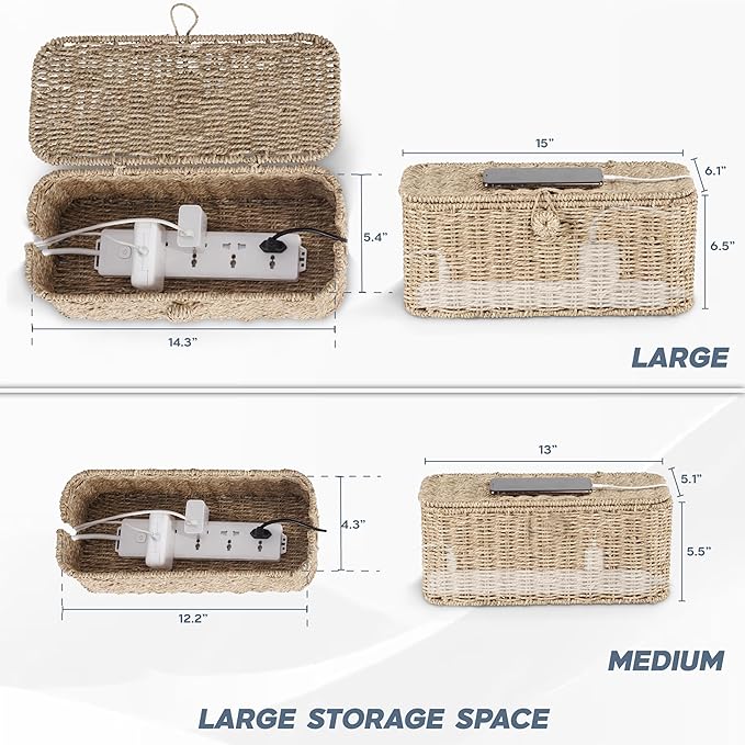 2-Pack Large Cable Management Box, Natural Rattan Cable Cord Organizer Boxes for Power Strip ā 2 Open Slots Cords Hider Box for TV Wires, Computer, Router, USB Hub and Under Desk Power Strip